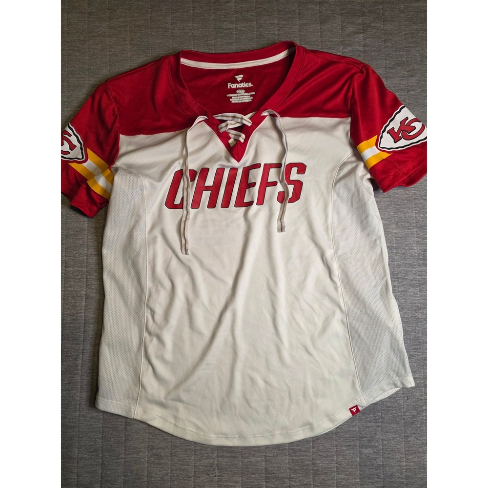 1450 Fanatics Kansas City Chiefs Womens Lace Up Jersey Shirt Red White Medium